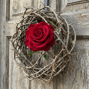Vibrant red rose centered within a circular wreath of sharp, dry thorns.