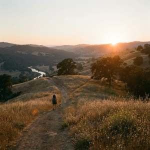 A person and a dog walking on a ridge trail at sunset overlooking rolling hills.