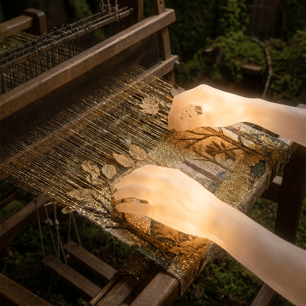 Luminous translucent hands weave a golden tapestry of trees and leaves on a wooden loom.