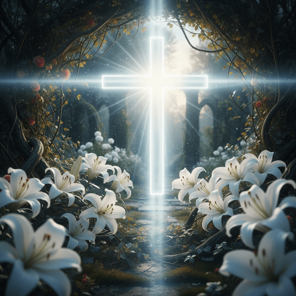 Glowingly bright cross at the end of a lush garden path framed by flowers.