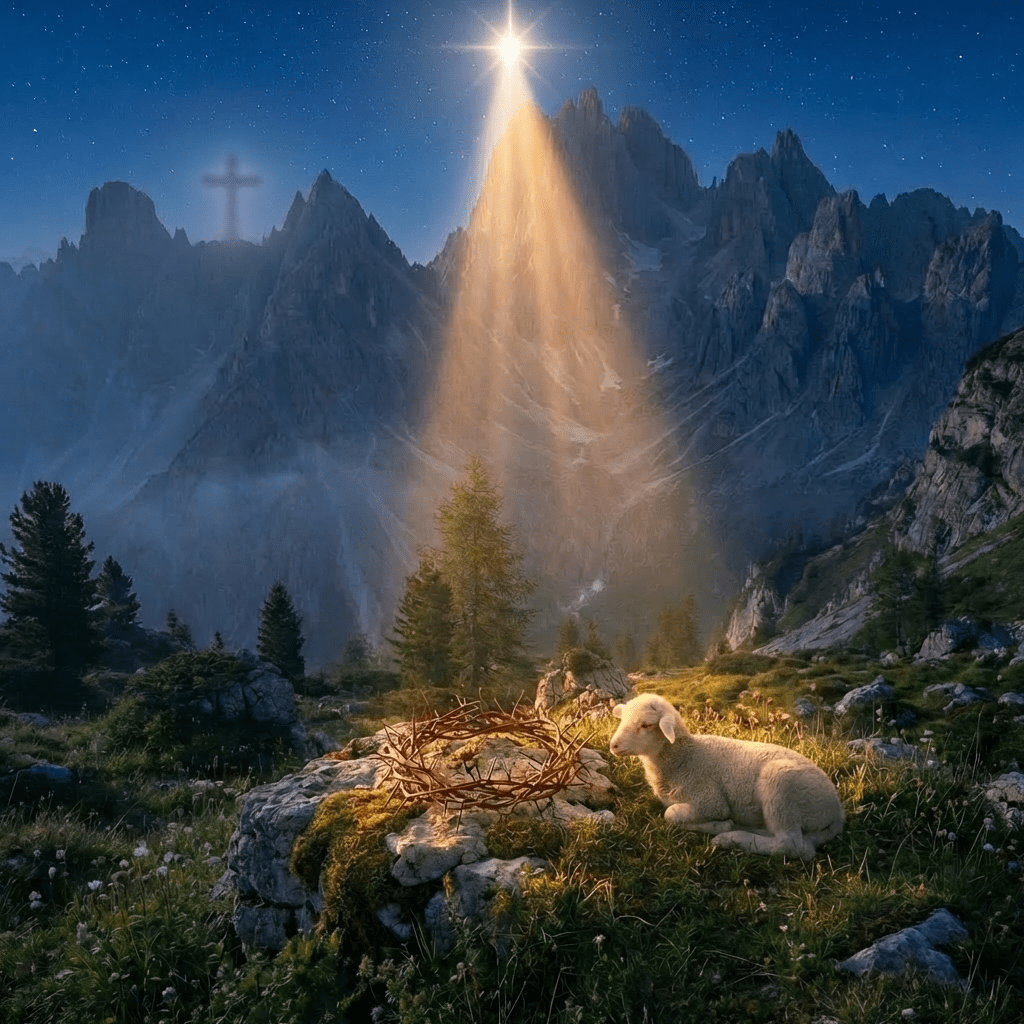 A white lamb sitting next to a crown of thorns in a mountain landscape.