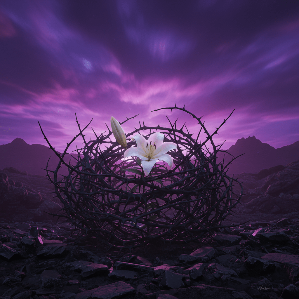 A white lily blooming inside a sphere of sharp black thorns against a purple sky.