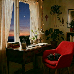 Wooden desk with laptop and steaming mug, surrounded by plants and a sleeping cat.