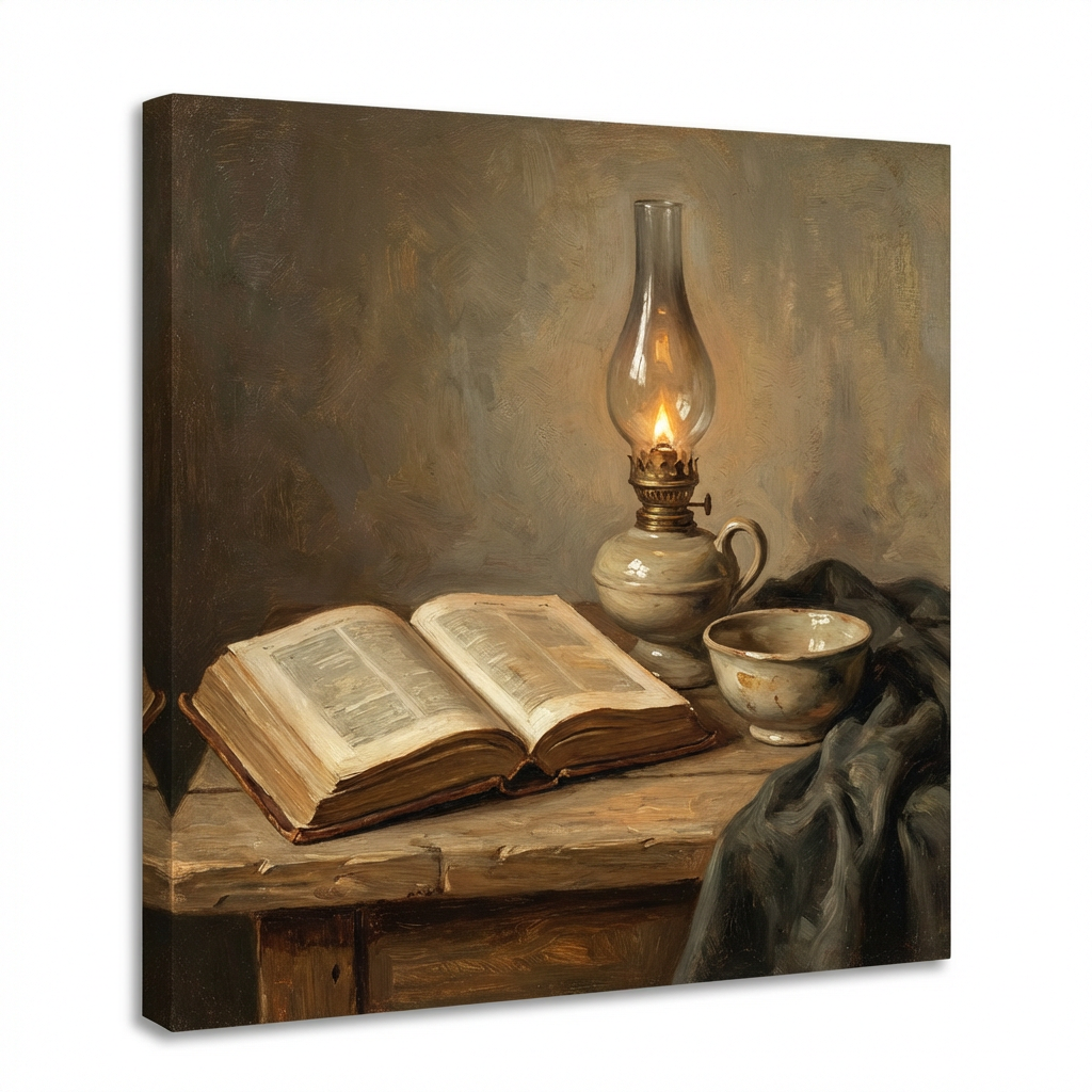 Oil painting of an open book and lit oil lamp on a rustic wooden table.