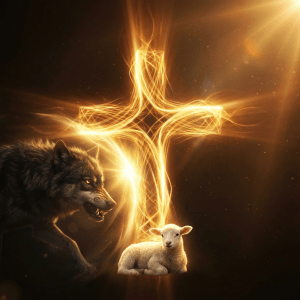 Glowing golden cross formed by swirling lines of light on a dark background.