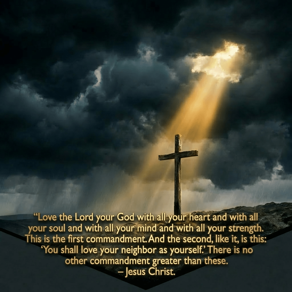 A wooden cross on a hilltop illuminated by sunlight breaking through dark storm clouds.