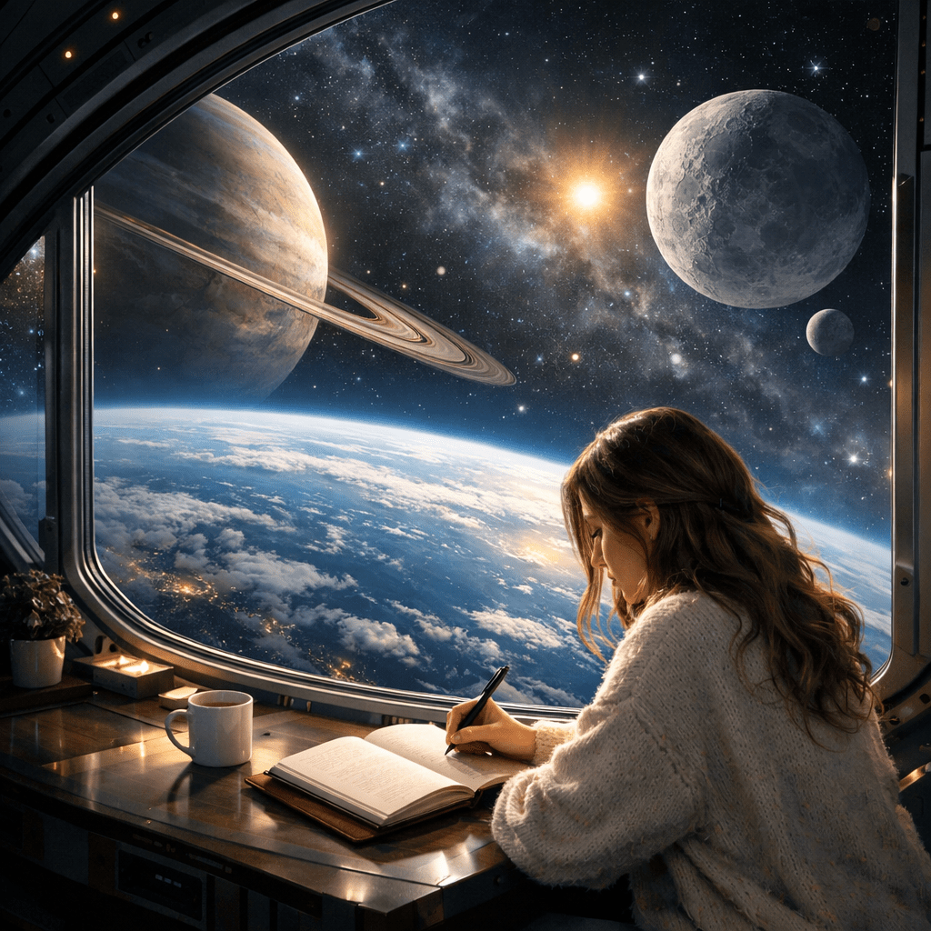 Woman writing in journal on space station with view of Earth, Saturn, and moon