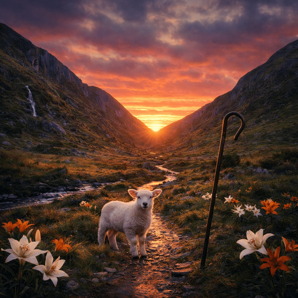 Orange lily flower with six petals and stamens in warm light