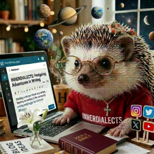 Hedgehog in glasses and red shirt writing a blog post on a laptop at a desk