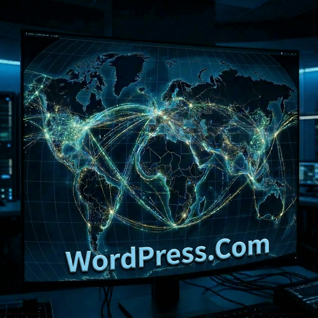 World map showing illuminated lines representing network data routes between continents and cities