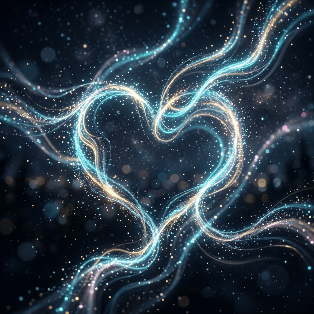 Heart shape formed by intertwining sparkling light trails on a dark background