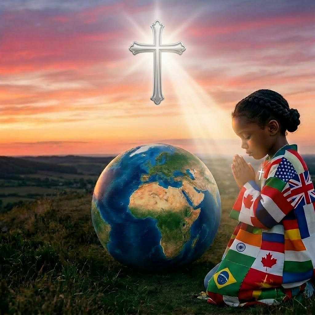 Wooden cross on a hill silhouetted against a colorful sunset over rolling fields