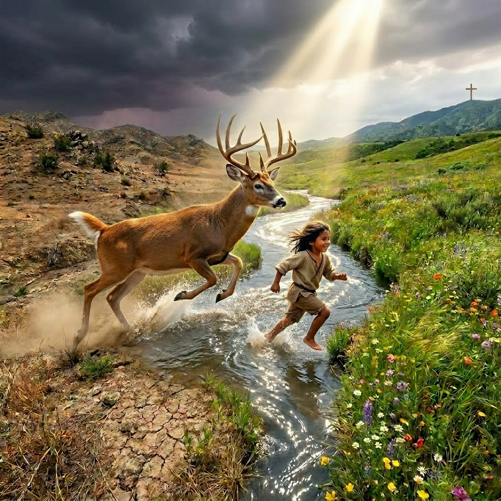 White deer jumping over a stream from dry cracked earth to a green meadow with wildflowers