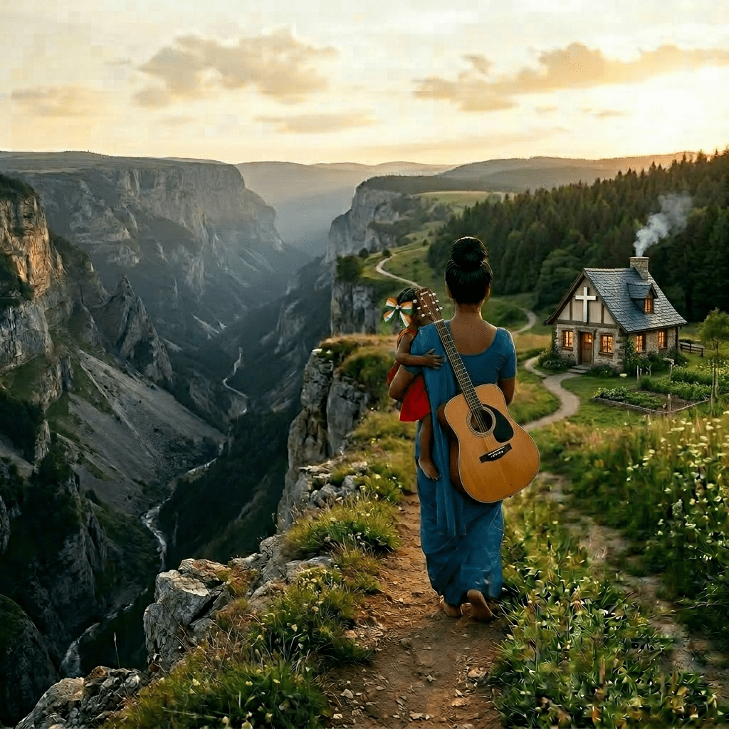Woman carrying child walking along a flower-covered path in a green meadow during sunset