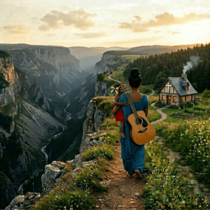 Woman carrying child walking along a flower-covered path in a green meadow during sunset