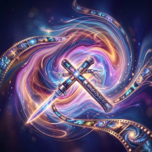 Film strip swirling into cross and switchblade