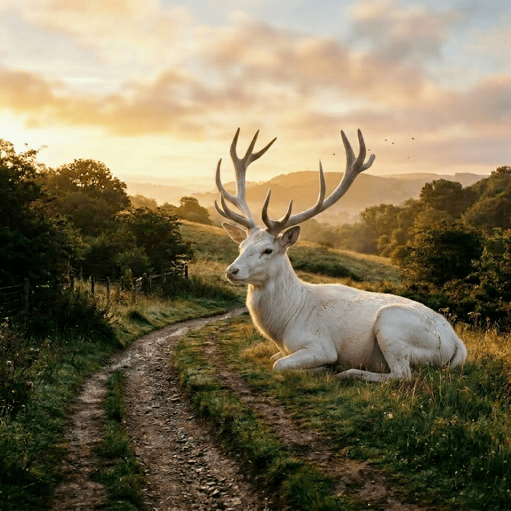 White deer lying on grass next to dirt path in countryside at sunrise